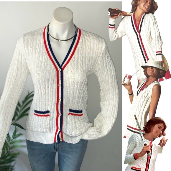 v i n t a g e :: 70s Fitted Preppy Cable Knit Cardigan...